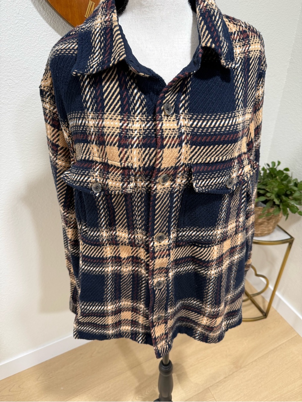 Express Oversized Plaid Shacket Jacket Navy Tan Women’s Large